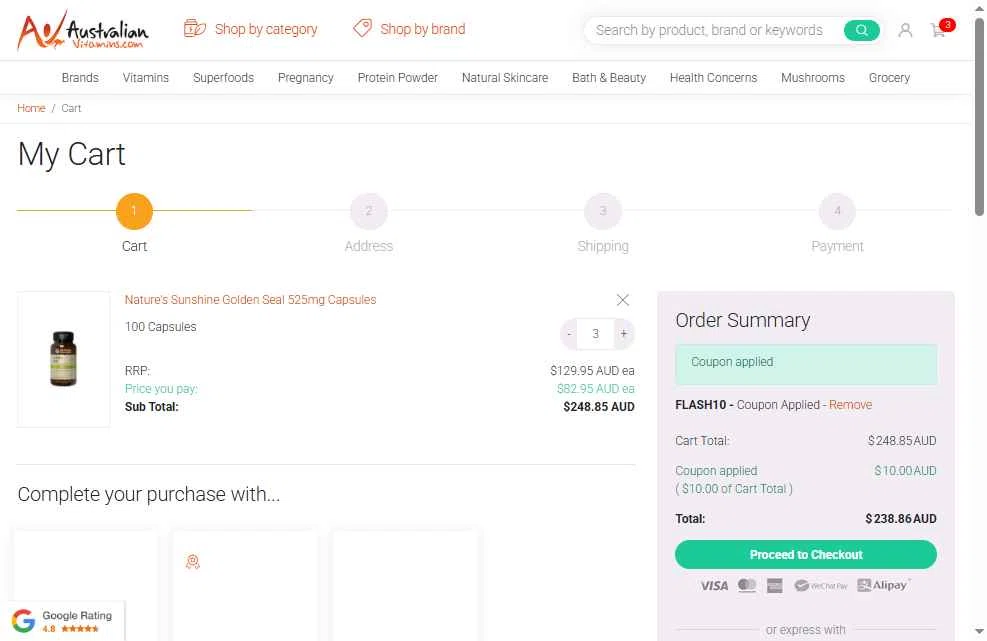 AustralianVitamins.com checkout page showing AustralianVitamins.com coupon code box | Screenshot taken by SimplyCodes community member on Feb 10, 2026