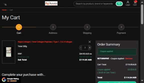 AustralianVitamins.com checkout page showing AustralianVitamins.com coupon code box | Screenshot taken by SimplyCodes community member on Feb 8, 2026