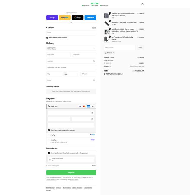 Autel Energy checkout page showing Autel Energy promo code box | Screenshot taken by SimplyCodes community member on Sep 17, 2025
