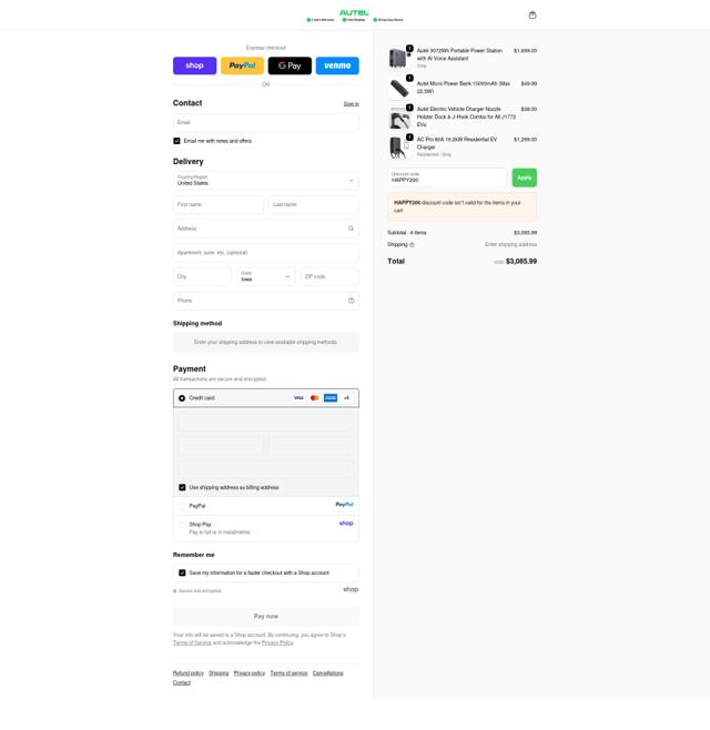 Autel Energy checkout page showing Autel Energy promo code box | Screenshot taken by SimplyCodes community member on Sep 17, 2025
