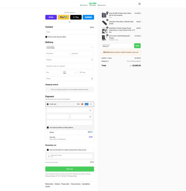 Autel Energy checkout page showing Autel Energy promo code box | Screenshot taken by SimplyCodes community member on Sep 13, 2025