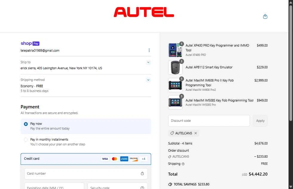 Autel checkout page showing Autel discount code box | Screenshot taken by SimplyCodes community member on May 23, 2025