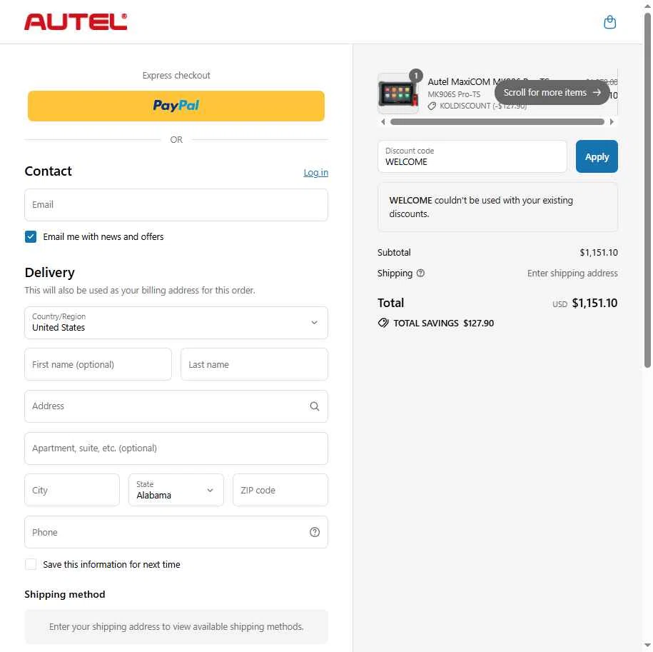 Autel checkout page showing Autel discount code box | Screenshot taken by SimplyCodes community member on Aug 6, 2025