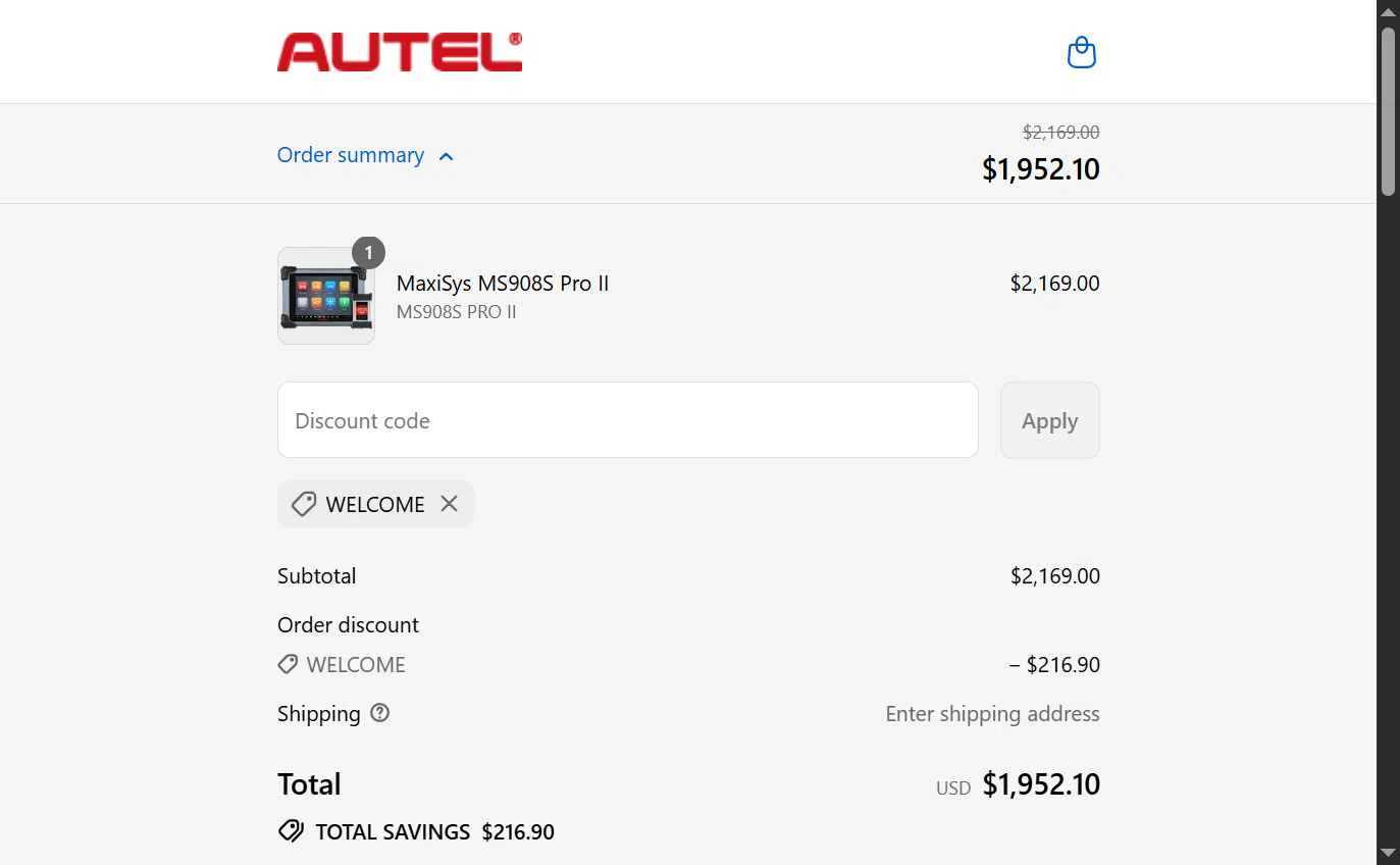 Autel checkout page showing Autel discount code box | Screenshot taken by SimplyCodes community member on Sep 1, 2025