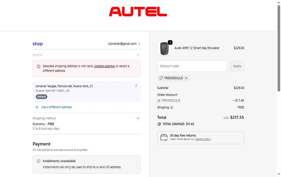 Autel checkout page showing Autel discount code box | Screenshot taken by SimplyCodes community member on Sep 26, 2025