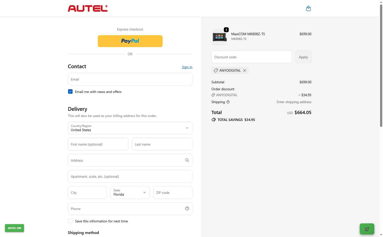 Autel checkout page showing Autel discount code box | Screenshot taken by SimplyCodes community member on Nov 6, 2025