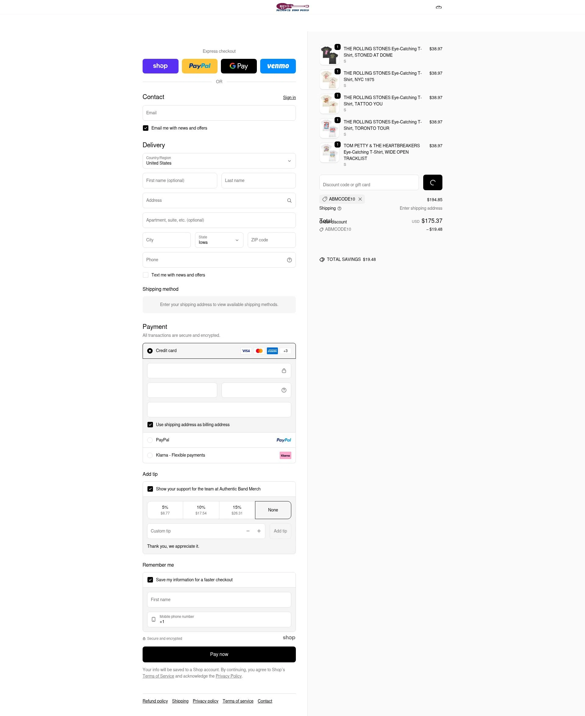 Authentic Band Merch checkout page showing Authentic Band Merch discount code box | Screenshot taken by SimplyCodes community member on Dec 31, 2025