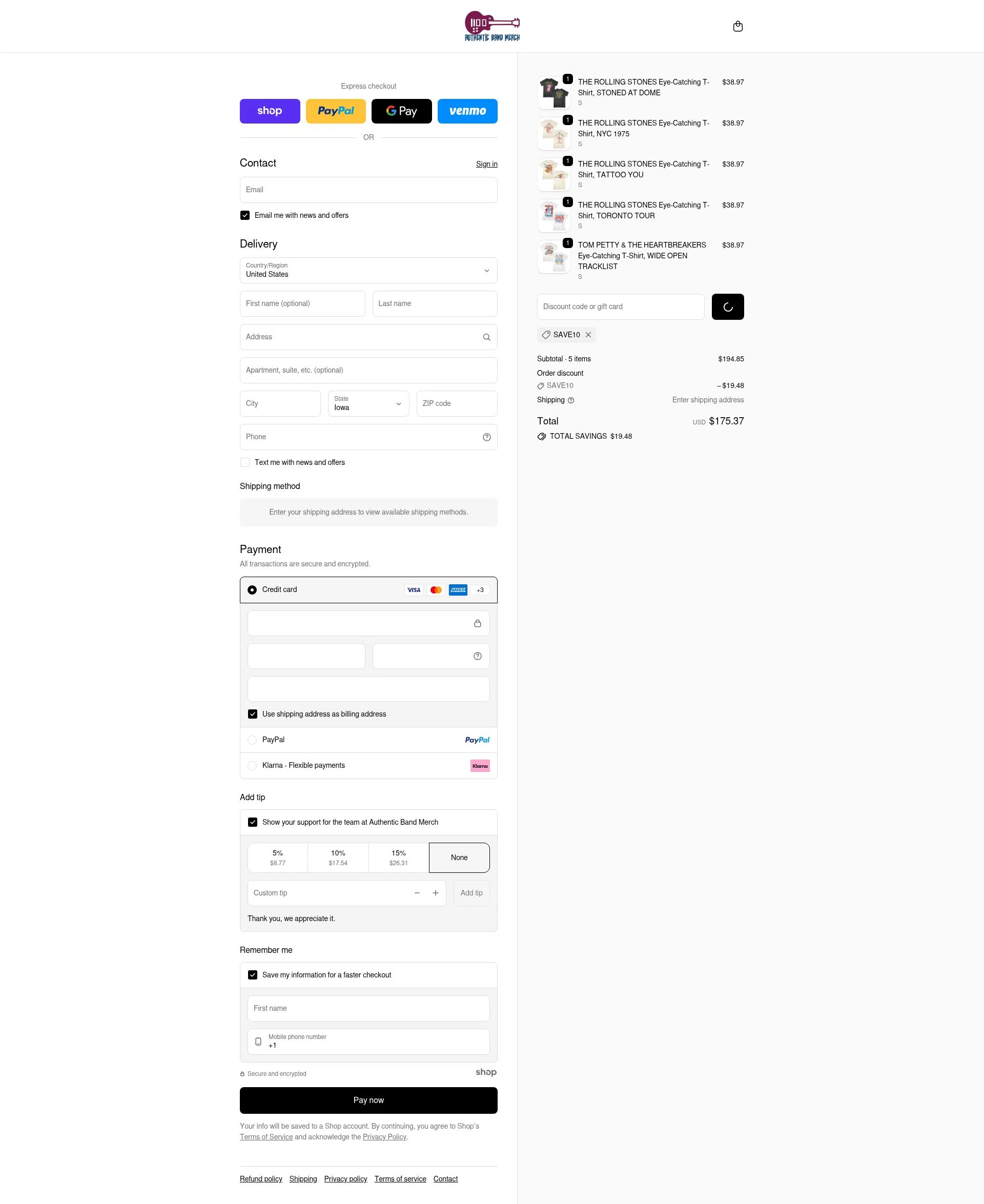 Authentic Band Merch checkout page showing Authentic Band Merch discount code box | Screenshot taken by SimplyCodes community member on Jan 10, 2026