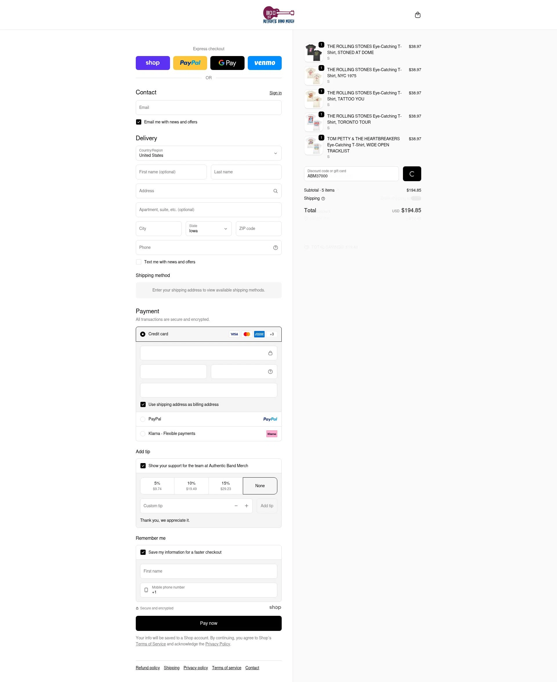 Authentic Band Merch checkout page showing Authentic Band Merch discount code box | Screenshot taken by SimplyCodes community member on Dec 31, 2025