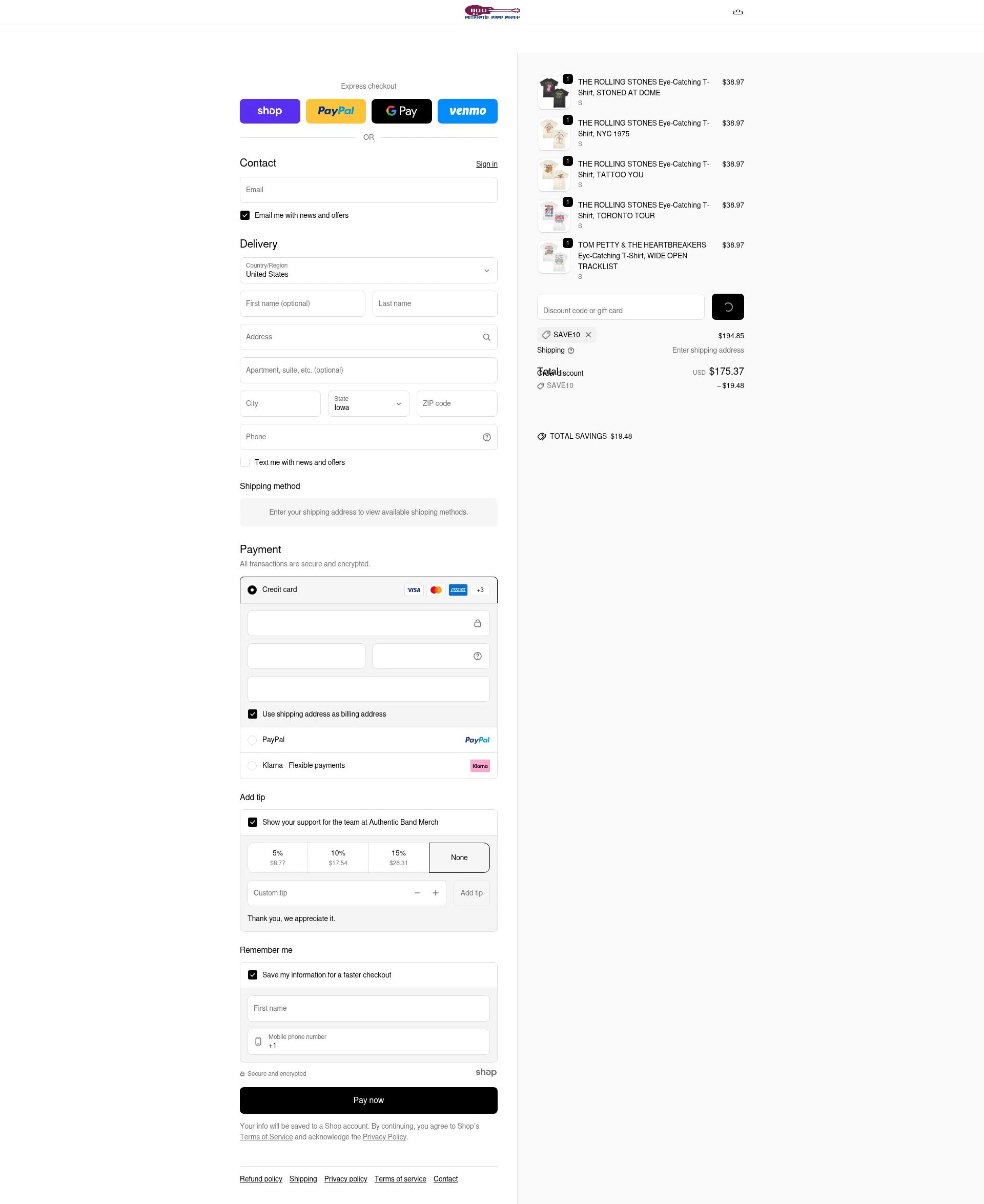 Authentic Band Merch checkout page showing Authentic Band Merch discount code box | Screenshot taken by SimplyCodes community member on Dec 26, 2025