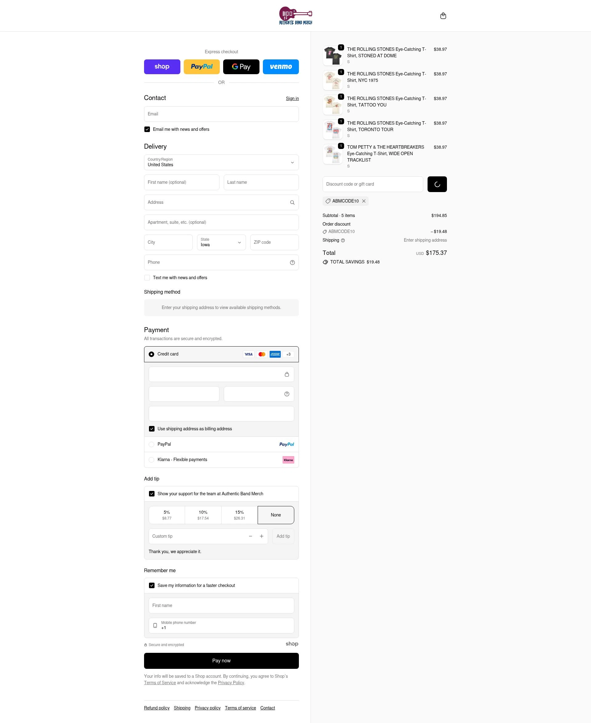 Authentic Band Merch checkout page showing Authentic Band Merch discount code box | Screenshot taken by SimplyCodes community member on Jan 5, 2026