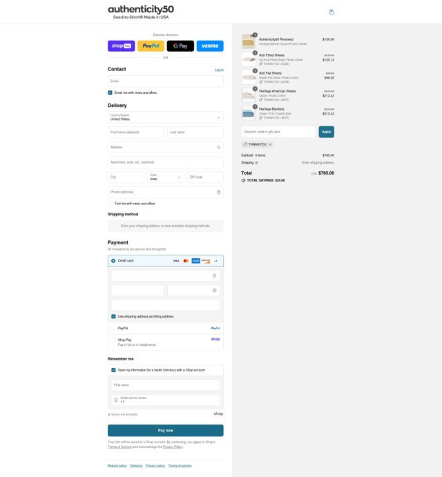 Authenticity 50 checkout page showing Authenticity 50 promo code box | Screenshot taken by SimplyCodes community member on Aug 25, 2025