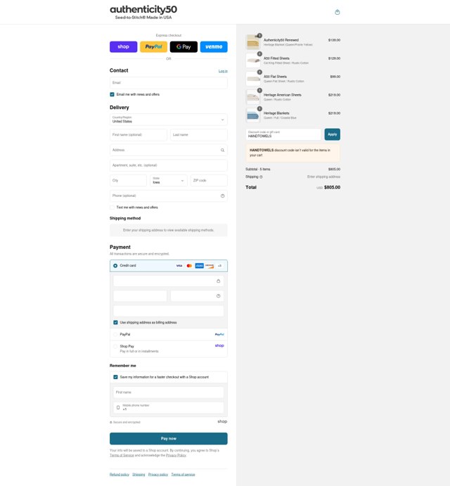 Authenticity 50 checkout page showing Authenticity 50 promo code box | Screenshot taken by SimplyCodes community member on Sep 2, 2025