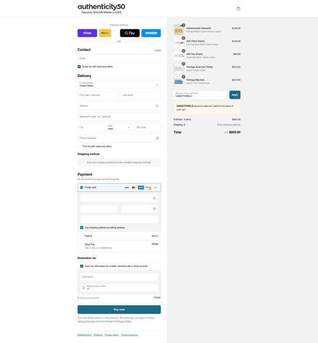 Authenticity 50 checkout page showing Authenticity 50 promo code box | Screenshot taken by SimplyCodes community member on Aug 29, 2025