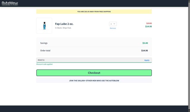 Autoblow checkout page showing Autoblow promo code box | Screenshot taken by SimplyCodes community member on Aug 10, 2025