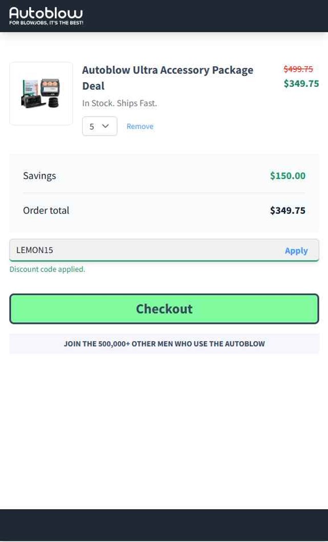 Autoblow checkout page showing Autoblow promo code box | Screenshot taken by SimplyCodes community member on Aug 24, 2025