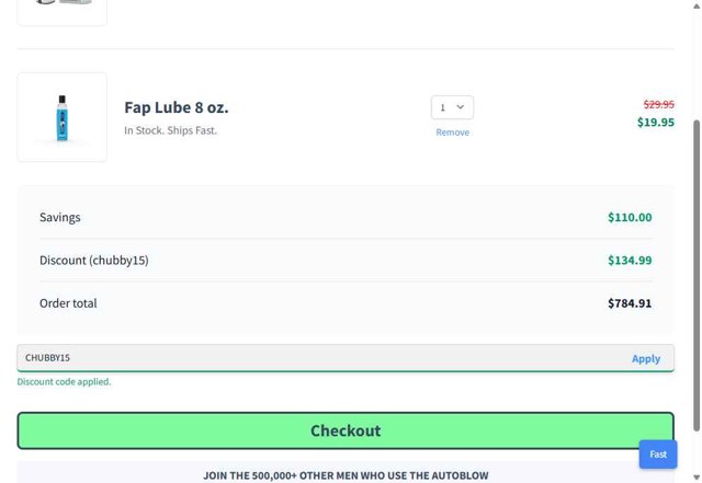 Autoblow checkout page showing Autoblow promo code box | Screenshot taken by SimplyCodes community member on Aug 24, 2025