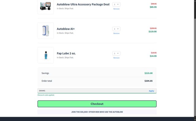 Autoblow checkout page showing Autoblow promo code box | Screenshot taken by SimplyCodes community member on Aug 3, 2025