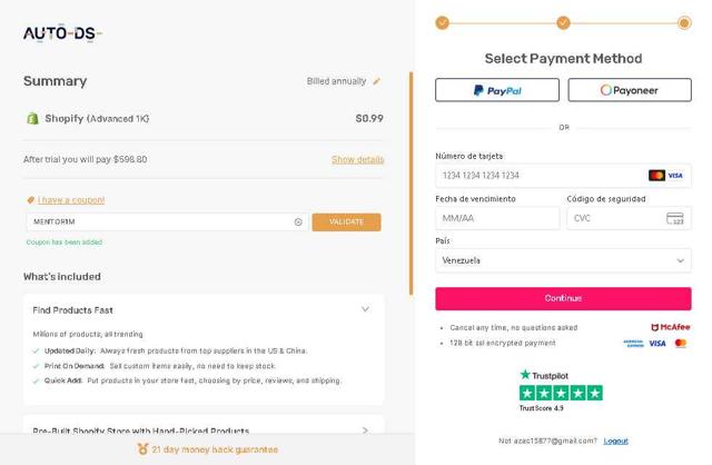AutoDS checkout page showing AutoDS coupon code box | Screenshot taken by SimplyCodes community member on Sep 5, 2025