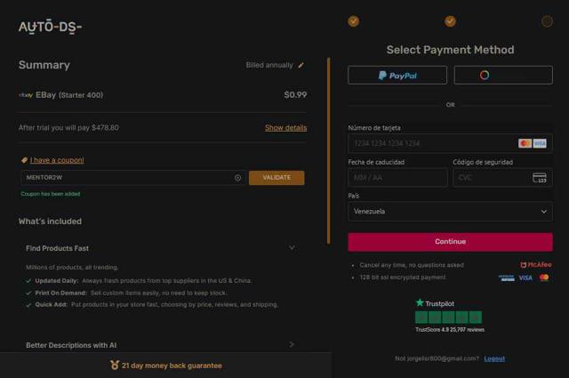 AutoDS checkout page showing AutoDS coupon code box | Screenshot taken by SimplyCodes community member on Aug 7, 2025