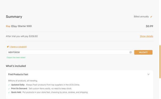 AutoDS checkout page showing AutoDS coupon code box | Screenshot taken by SimplyCodes community member on Sep 5, 2025