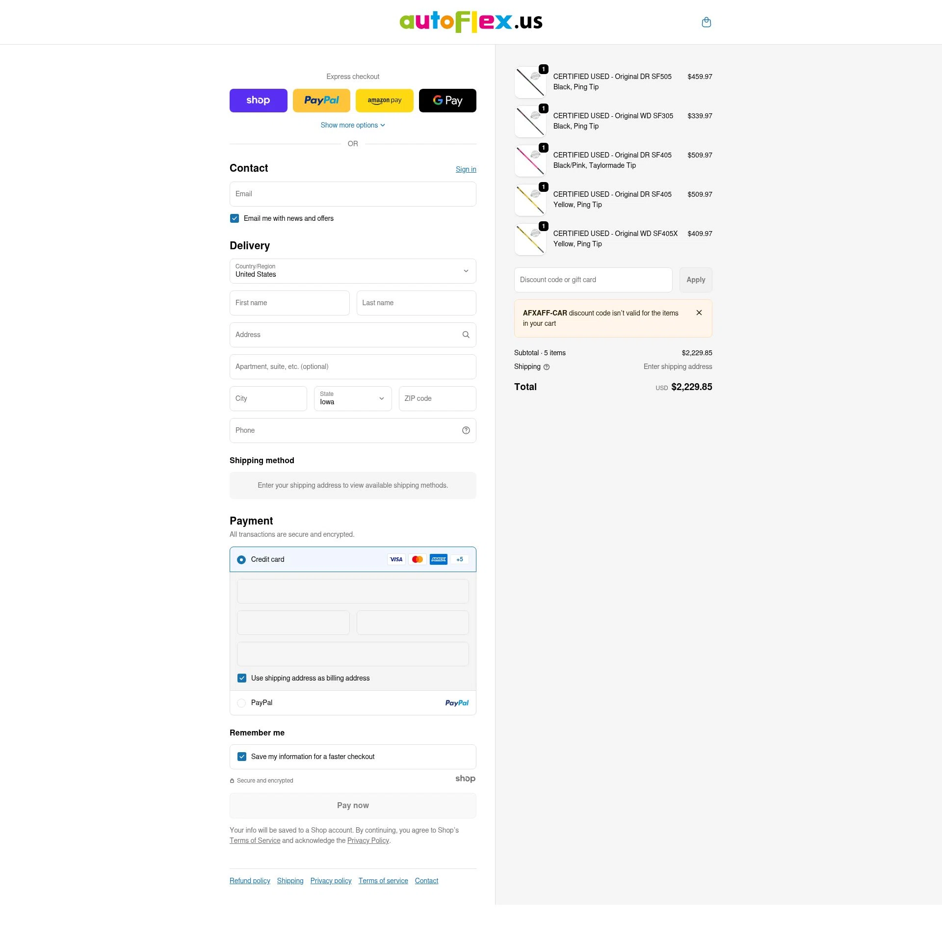 autoFlex.us checkout page showing autoFlex.us promo code box | Screenshot taken by SimplyCodes community member on Jan 2, 2026