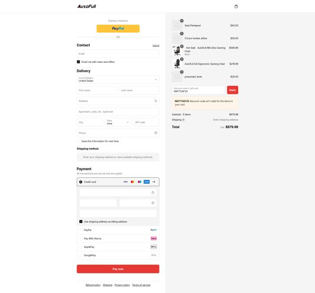 AutoFull checkout page showing AutoFull discount code box | Screenshot taken by SimplyCodes community member on Sep 5, 2025