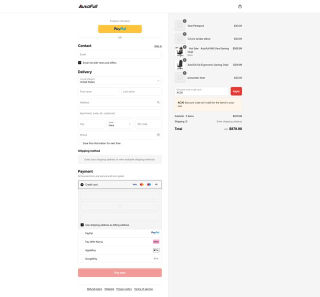 AutoFull checkout page showing AutoFull discount code box | Screenshot taken by SimplyCodes community member on Sep 9, 2025