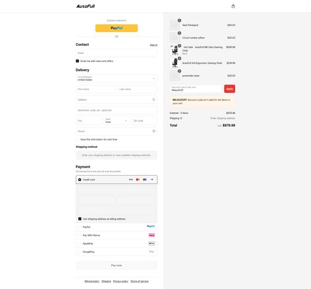 AutoFull checkout page showing AutoFull discount code box | Screenshot taken by SimplyCodes community member on Sep 9, 2025