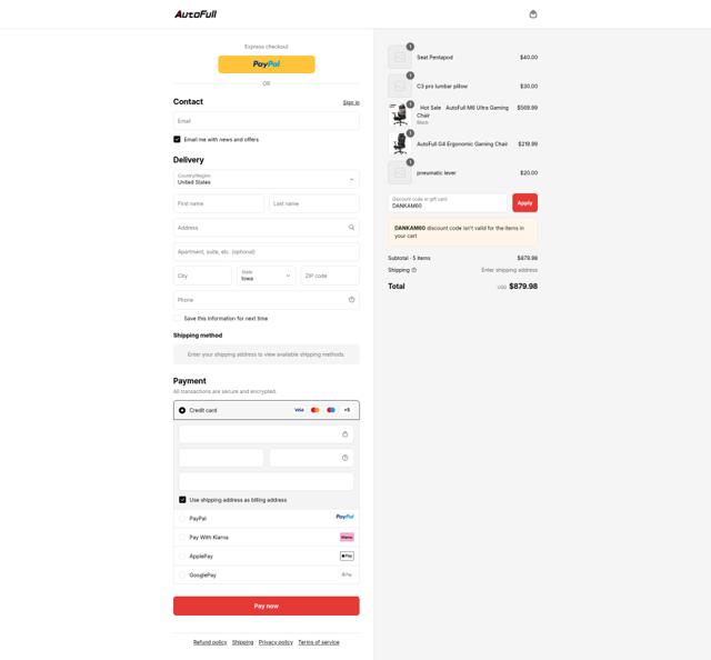 AutoFull checkout page showing AutoFull discount code box | Screenshot taken by SimplyCodes community member on Sep 9, 2025
