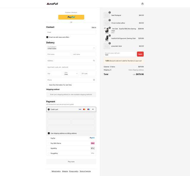 AutoFull checkout page showing AutoFull discount code box | Screenshot taken by SimplyCodes community member on Sep 9, 2025