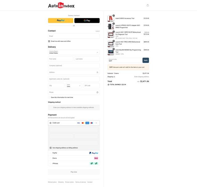 AutoInTheBox checkout page showing AutoInTheBox discount code box | Screenshot taken by SimplyCodes community member on Jul 28, 2025