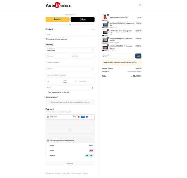 AutoInTheBox checkout page showing AutoInTheBox discount code box | Screenshot taken by SimplyCodes community member on Aug 13, 2025