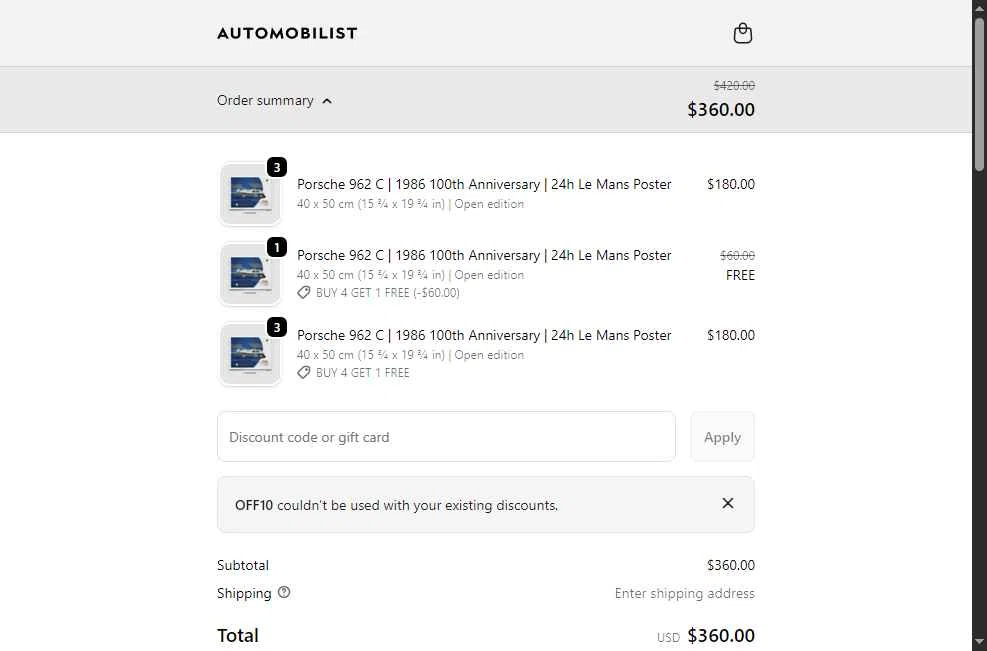 Automobilist checkout page showing Automobilist discount code box | Screenshot taken by SimplyCodes community member on Feb 18, 2026