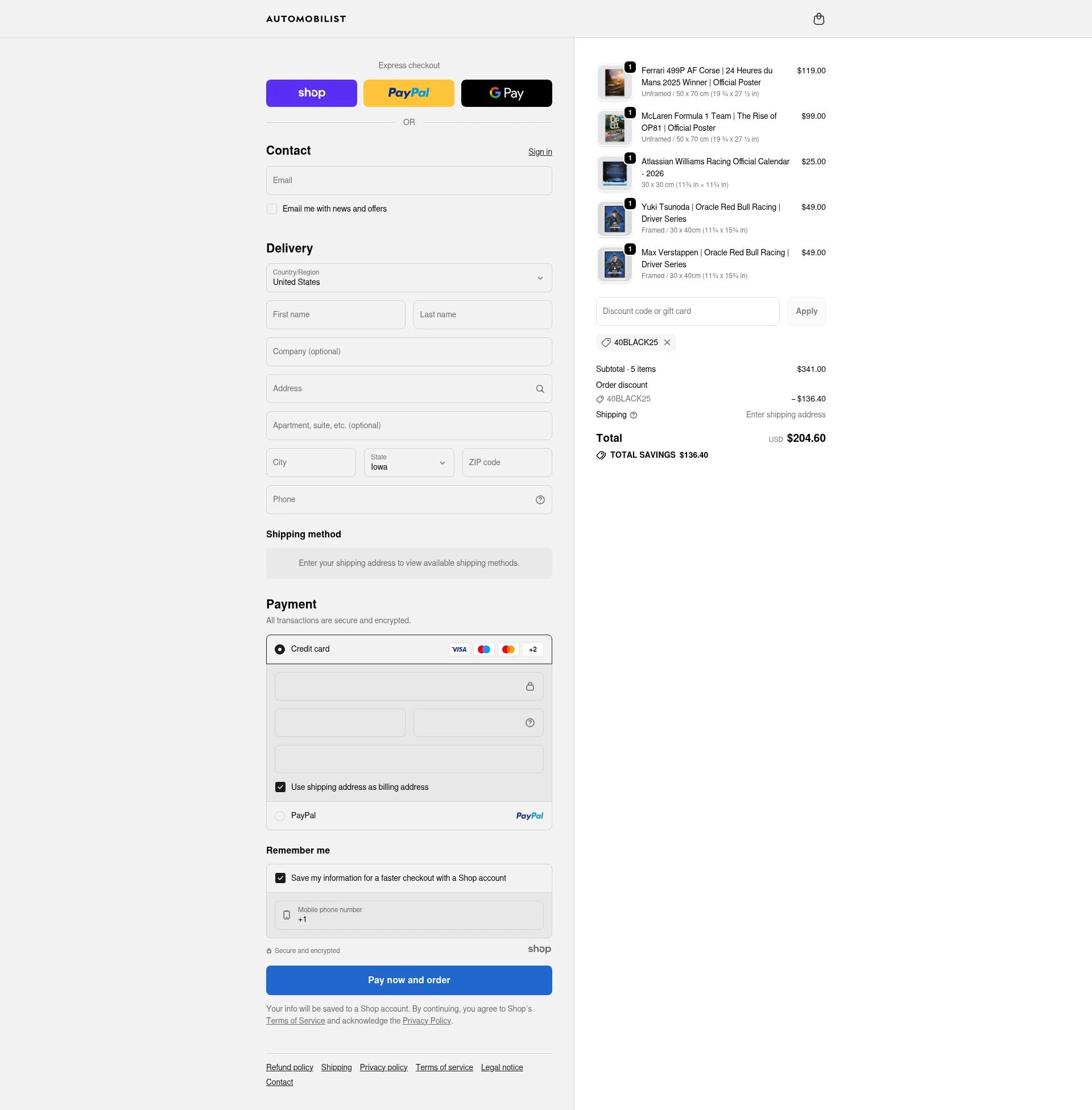 Automobilist checkout page showing Automobilist discount code box | Screenshot taken by SimplyCodes community member on Nov 19, 2025