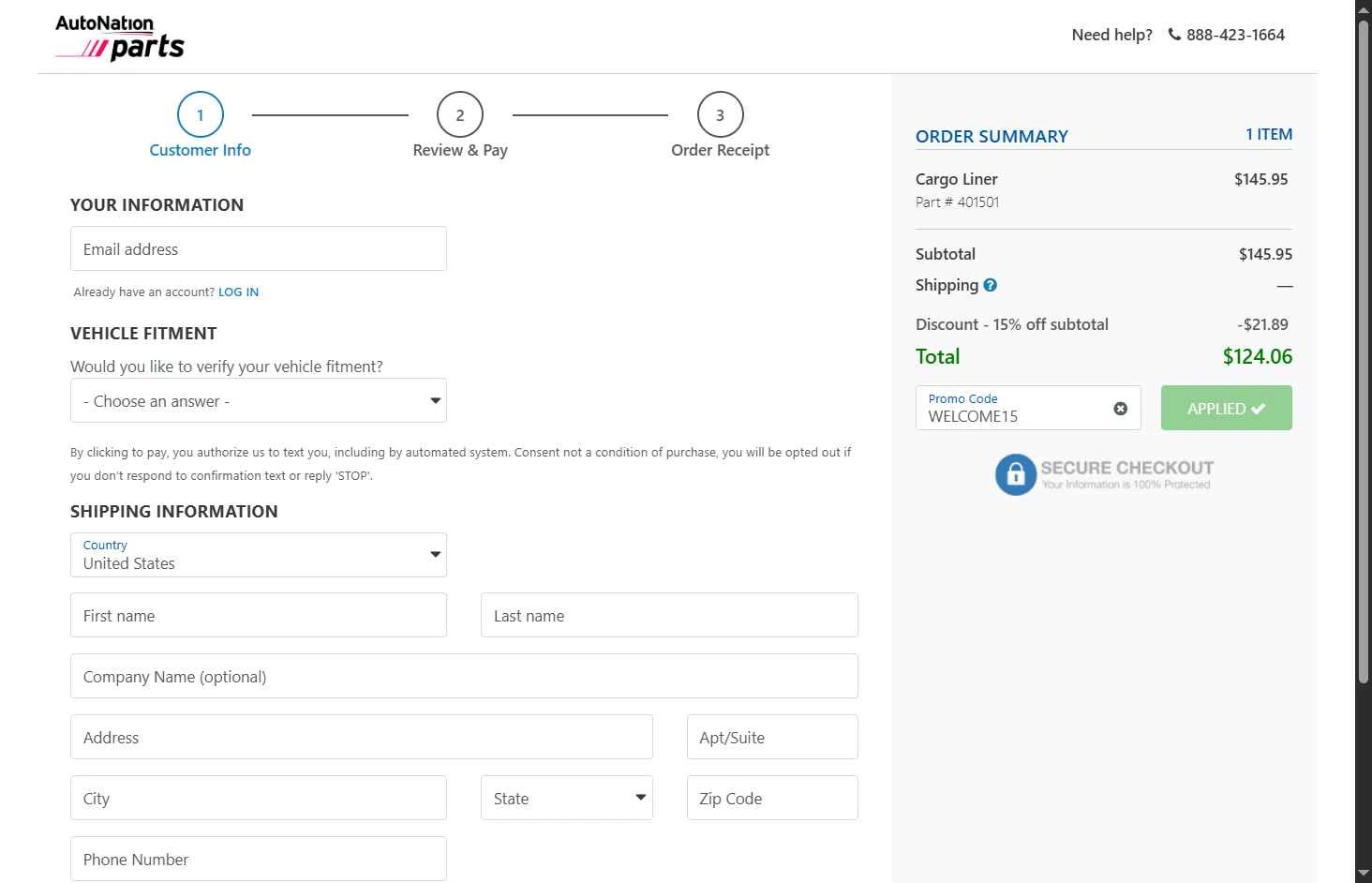 AutoNation Parts checkout page showing AutoNation Parts promo code box | Screenshot taken by SimplyCodes community member on Dec 8, 2025