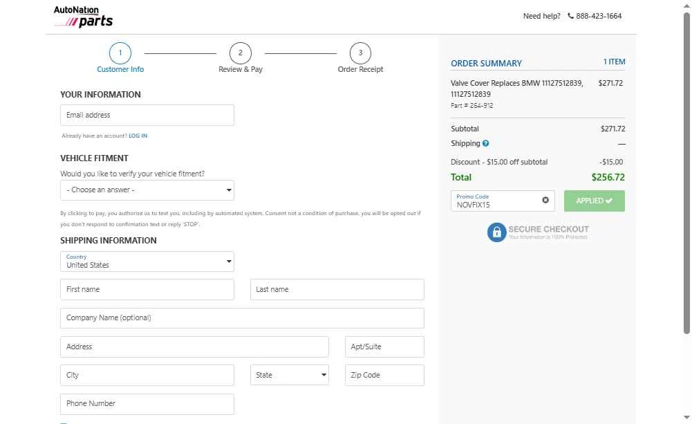 AutoNation Parts checkout page showing AutoNation Parts promo code box | Screenshot taken by SimplyCodes community member on Nov 10, 2025
