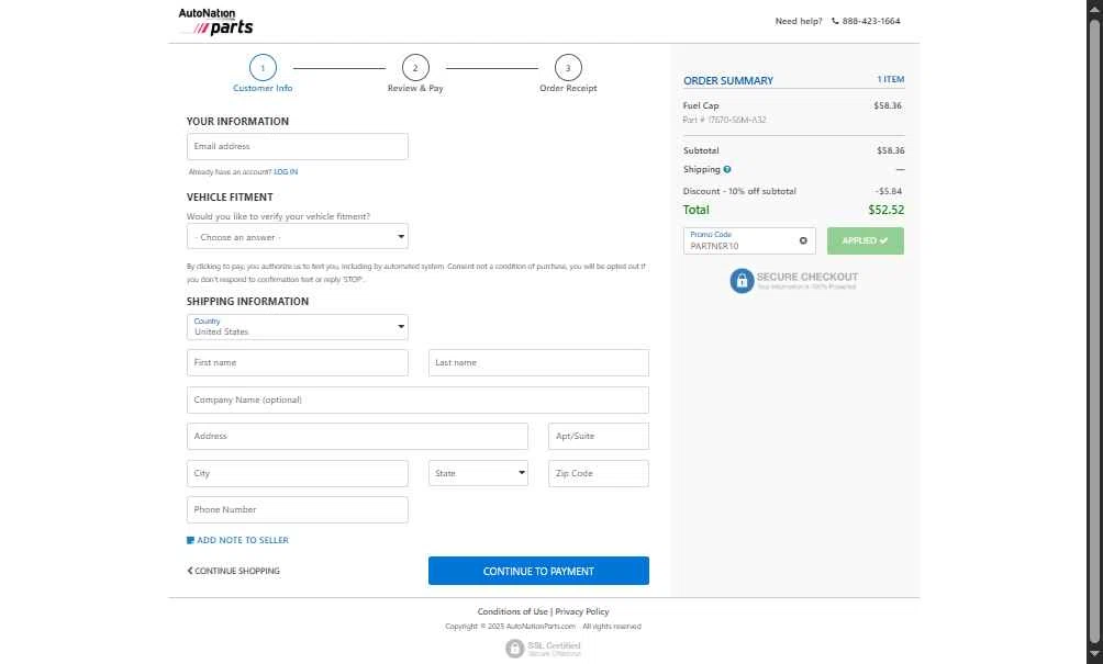 AutoNation Parts checkout page showing AutoNation Parts promo code box | Screenshot taken by SimplyCodes community member on Dec 8, 2025