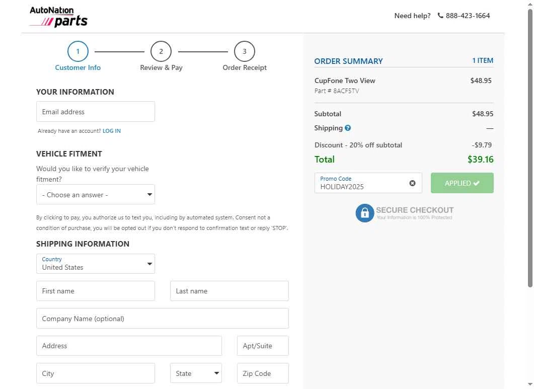 AutoNation Parts checkout page showing AutoNation Parts promo code box | Screenshot taken by SimplyCodes community member on Dec 2, 2025