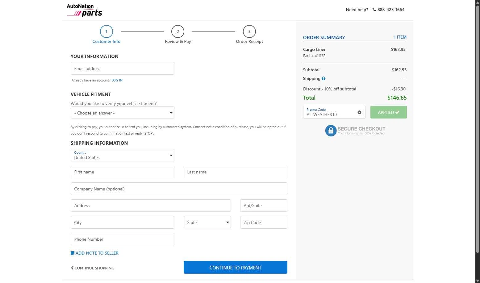 AutoNation Parts checkout page showing AutoNation Parts promo code box | Screenshot taken by SimplyCodes community member on Nov 10, 2025
