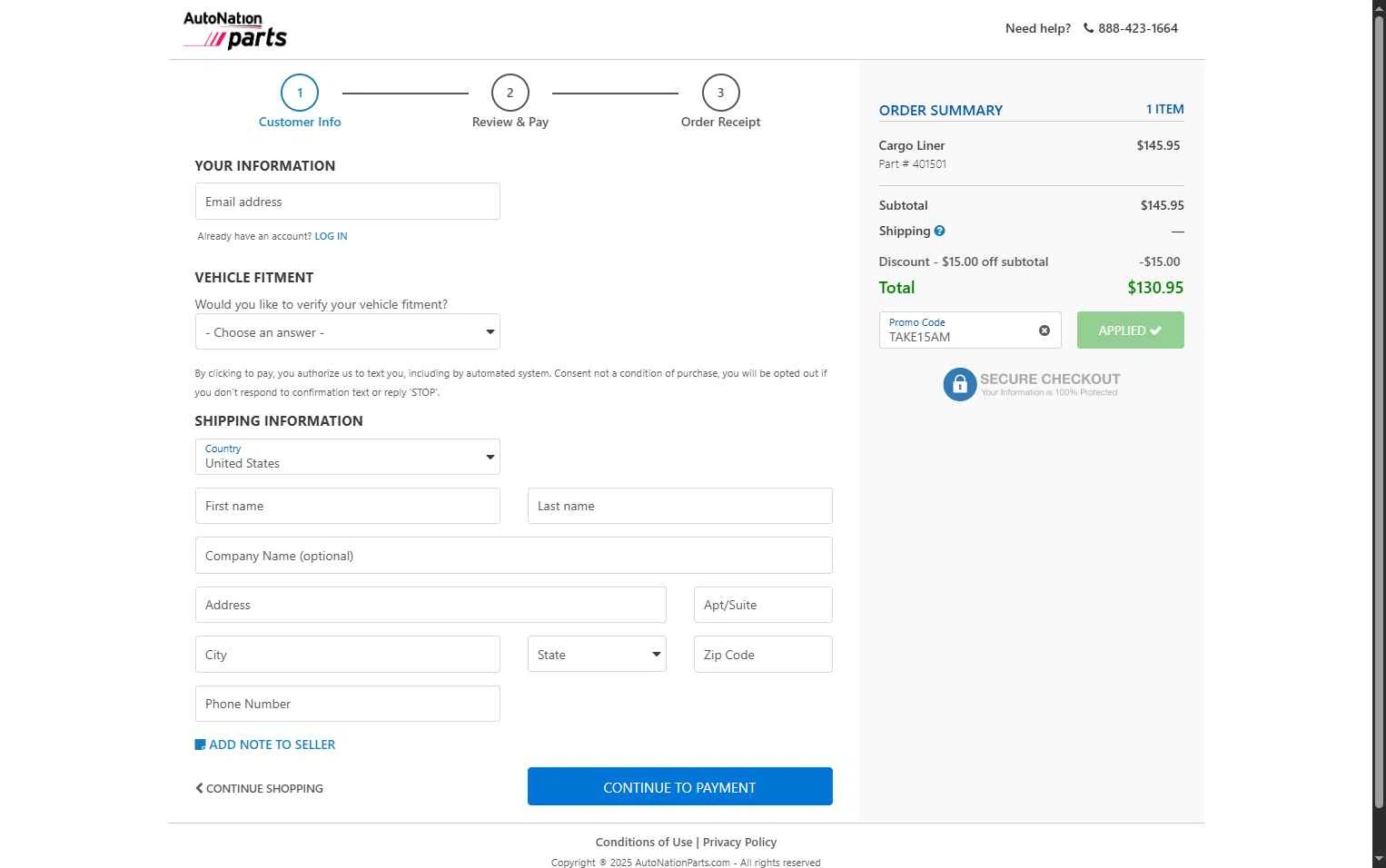 AutoNation Parts checkout page showing AutoNation Parts promo code box | Screenshot taken by SimplyCodes community member on Nov 3, 2025