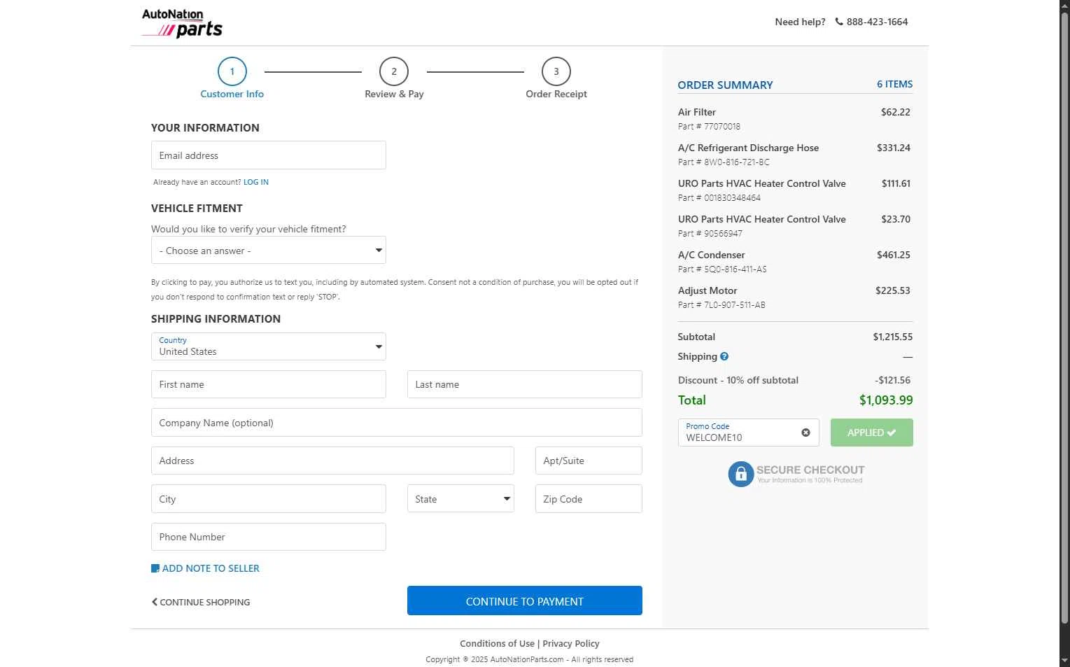 AutoNation Parts checkout page showing AutoNation Parts promo code box | Screenshot taken by SimplyCodes community member on Dec 17, 2025