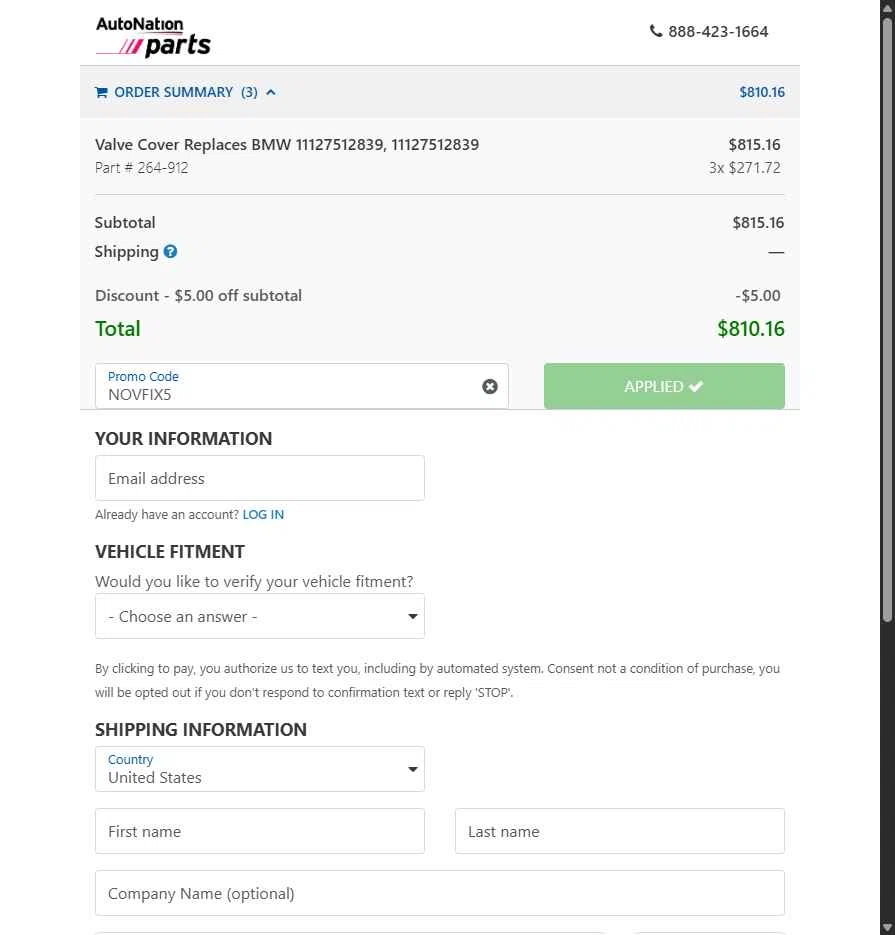 AutoNation Parts checkout page showing AutoNation Parts promo code box | Screenshot taken by SimplyCodes community member on Nov 10, 2025