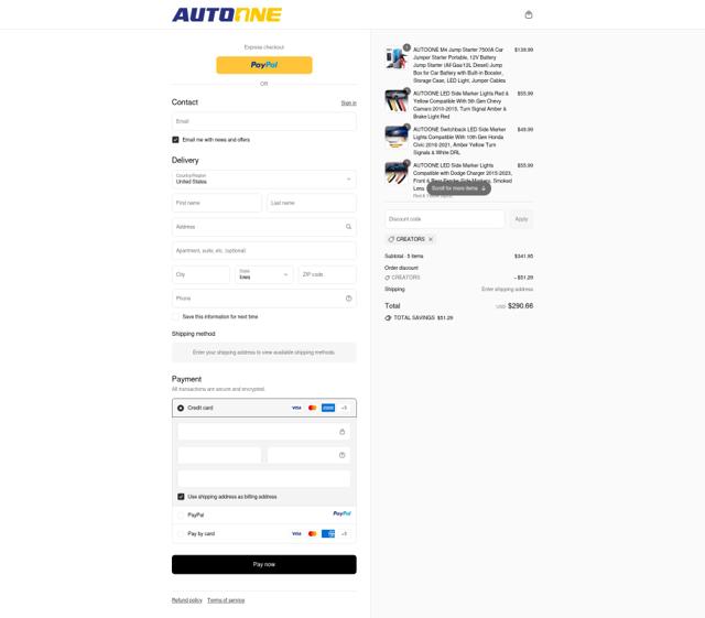 AUTOONE checkout page showing AUTOONE promo code box | Screenshot taken by SimplyCodes community member on Sep 14, 2025