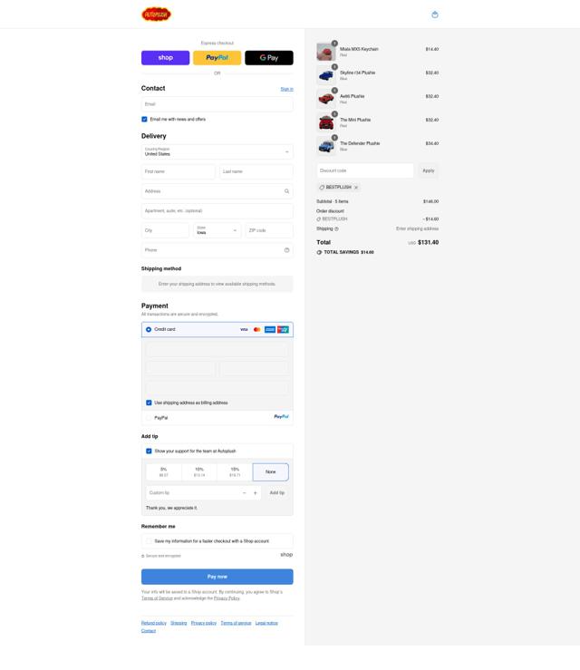 Autoplush checkout page showing Autoplush discount code box | Screenshot taken by SimplyCodes community member on Sep 12, 2025