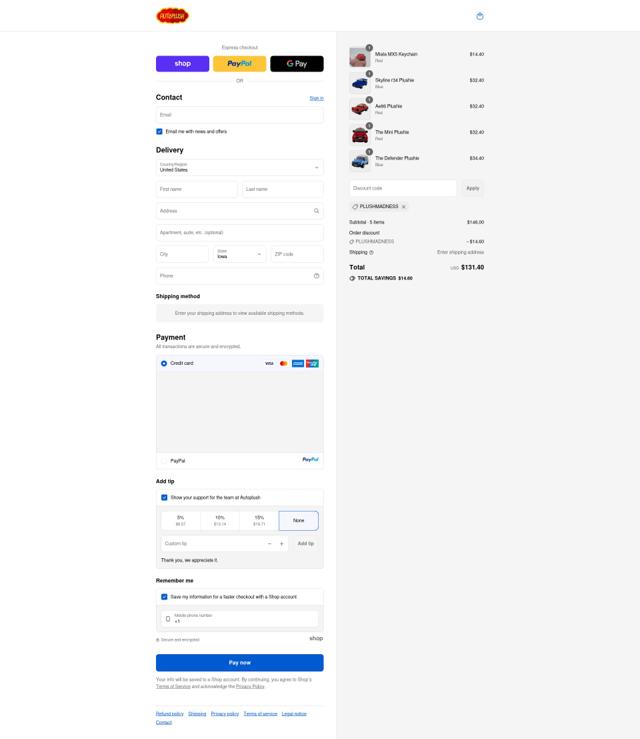 Autoplush checkout page showing Autoplush discount code box | Screenshot taken by SimplyCodes community member on Sep 16, 2025