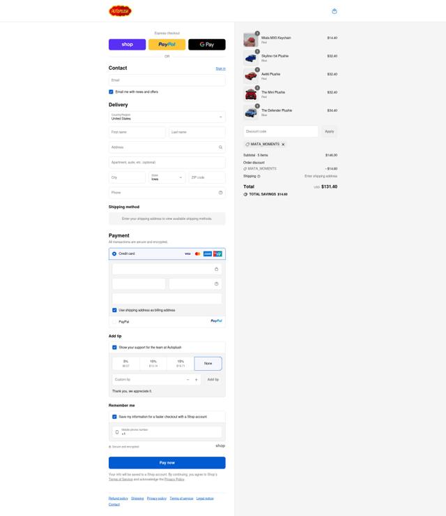 Autoplush checkout page showing Autoplush discount code box | Screenshot taken by SimplyCodes community member on Sep 16, 2025