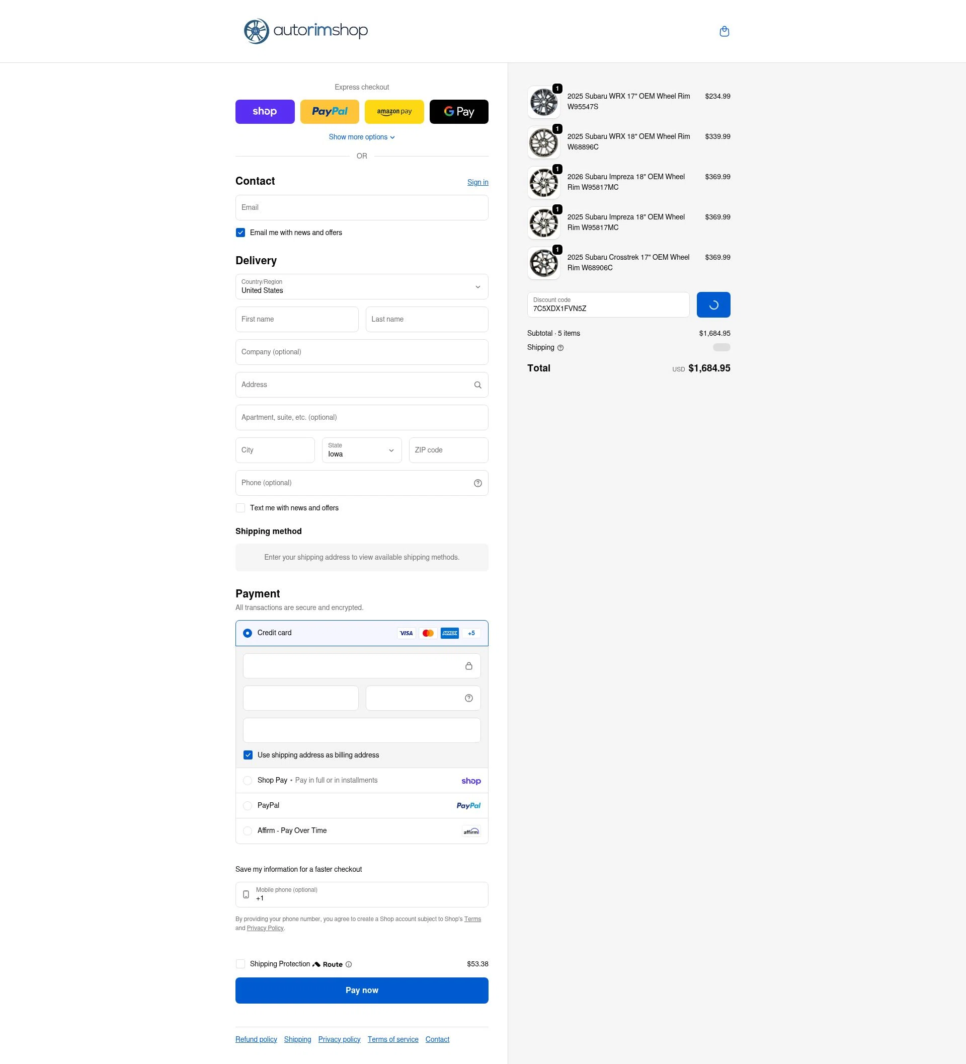 Auto Rim Shop checkout page showing Auto Rim Shop discount code box | Screenshot taken by SimplyCodes community member on Feb 12, 2026
