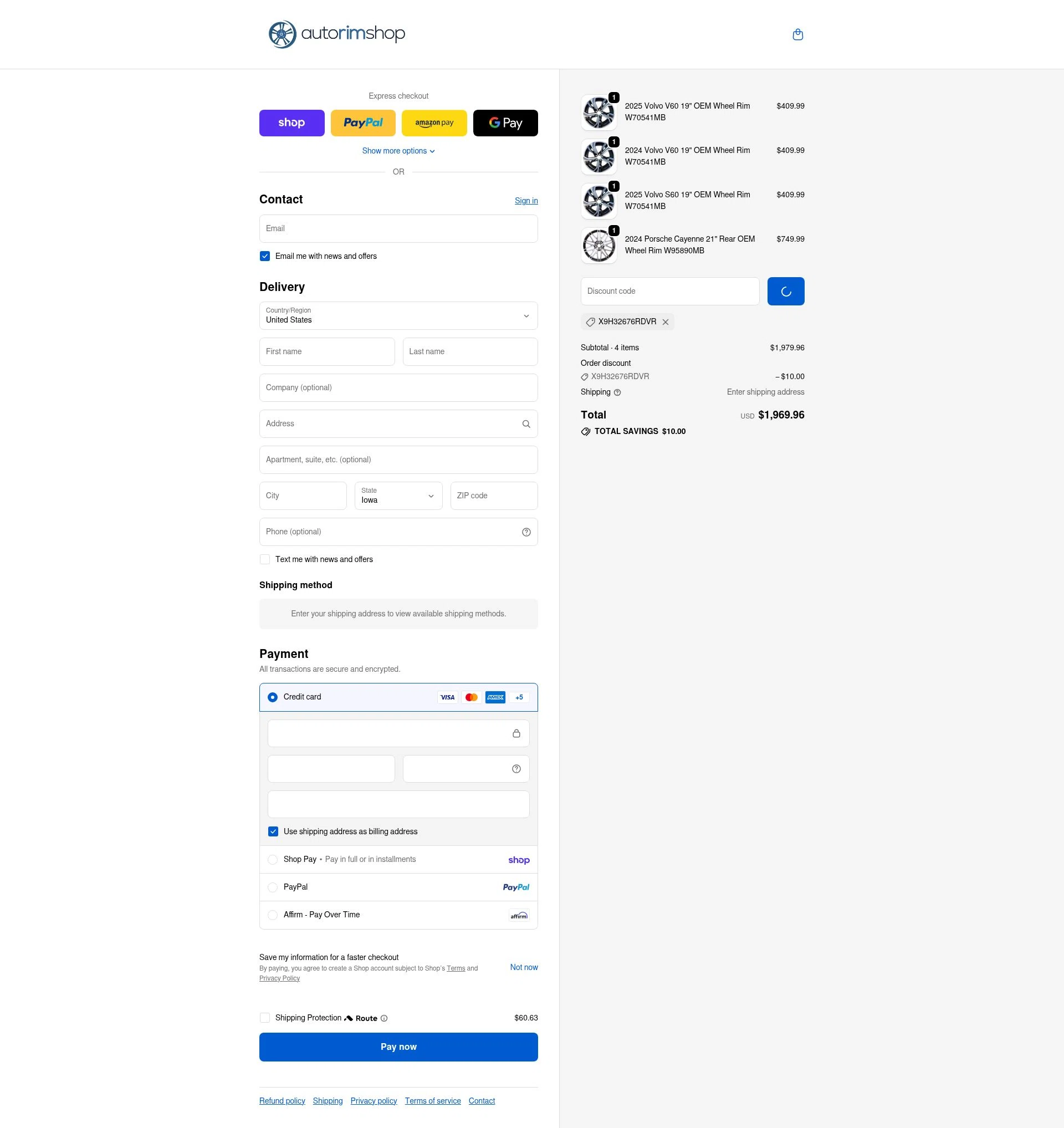 Auto Rim Shop checkout page showing Auto Rim Shop discount code box | Screenshot taken by SimplyCodes community member on Feb 16, 2026