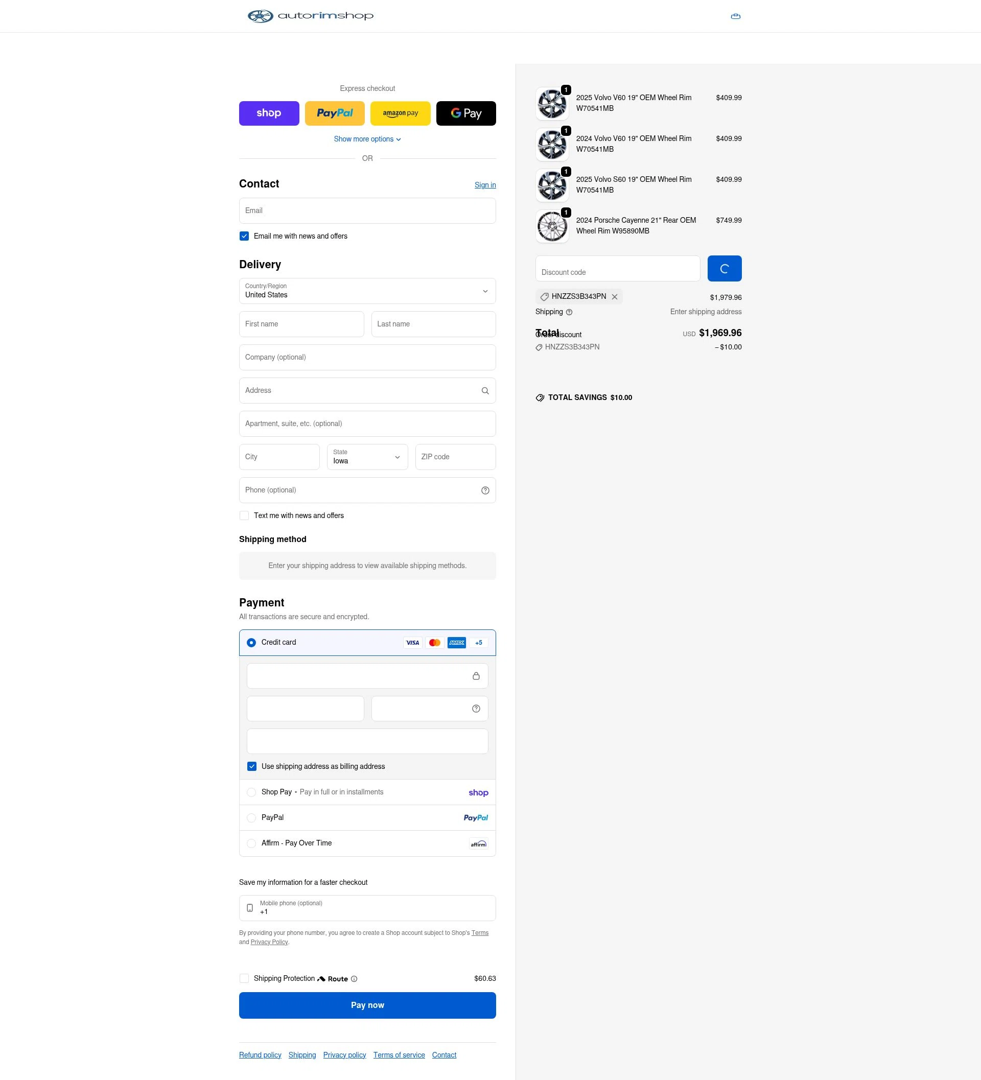 Auto Rim Shop checkout page showing Auto Rim Shop discount code box | Screenshot taken by SimplyCodes community member on Feb 21, 2026